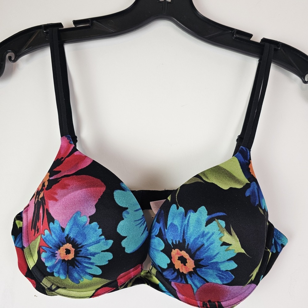 Victoria's Secret 36B Black Multicolor Floral Underwire Bra Light Padding